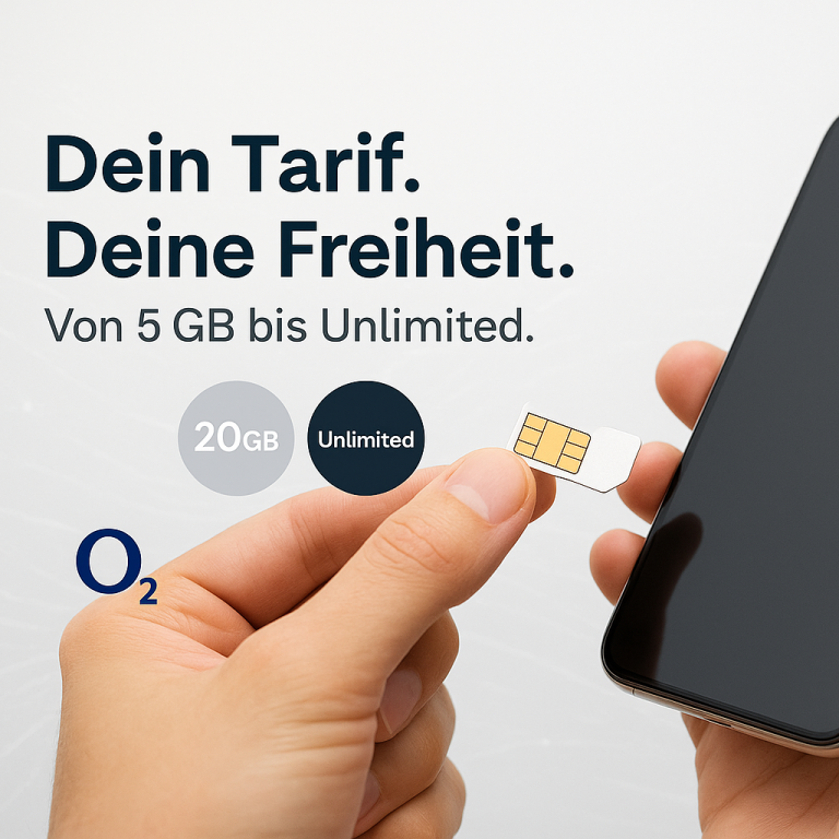 Person hält eine SIM-Karte neben einem Smartphone, Werbung für Mobilfunktarife von O2.
